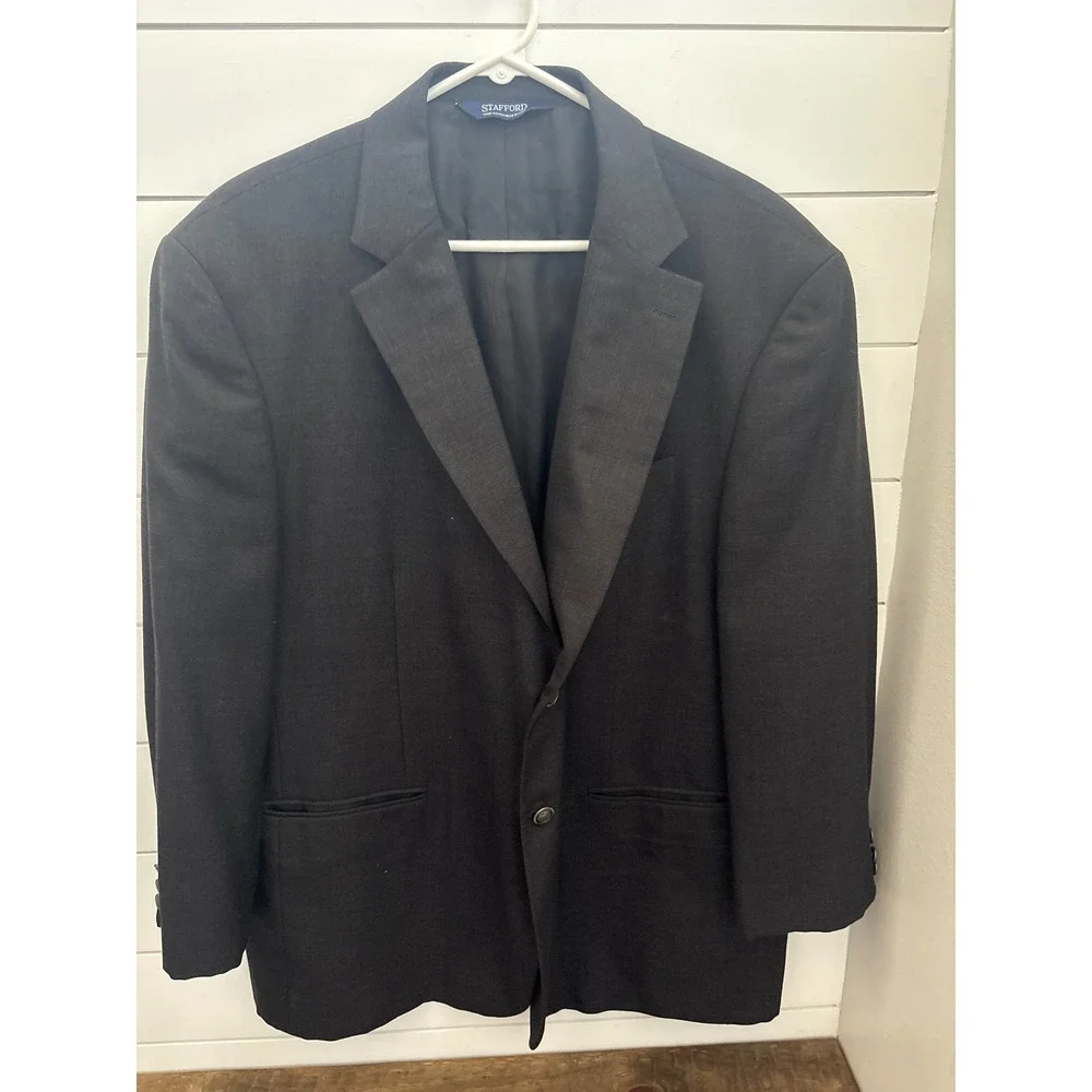 Stafford Mens Black Two Button Blazer Sport Coat Crest Buttons 48R